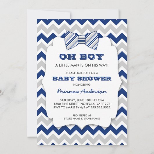 OH BOY Bow Krawatte Babydusche / Marinegrau Zickza Einladung (Vorderseite)
