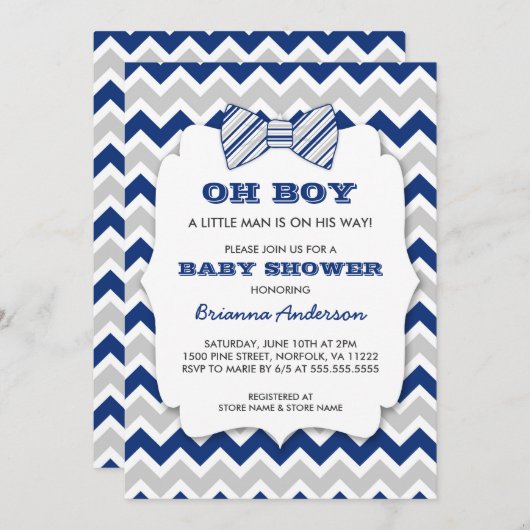 OH BOY Bow Krawatte Babydusche / Marinegrau Zickza Einladung (Vorne/Hinten)
