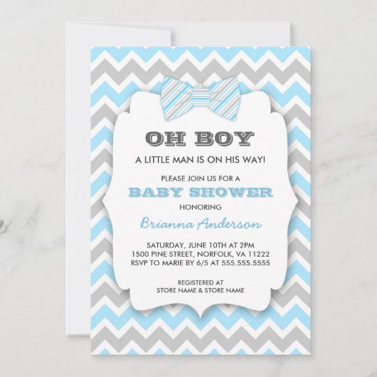 OH BOY Bowtie Babydusche / blau-grau Zickzack Einladung (Vorderseite)
