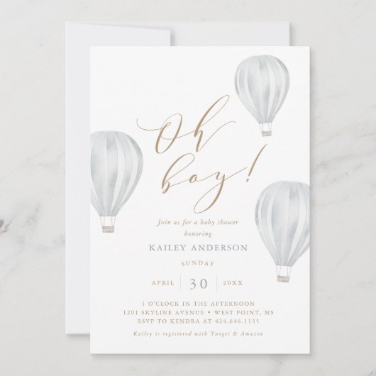 Oh Boy - Boy Baby Dusche Heißluftballon Einladung (Vorderseite)