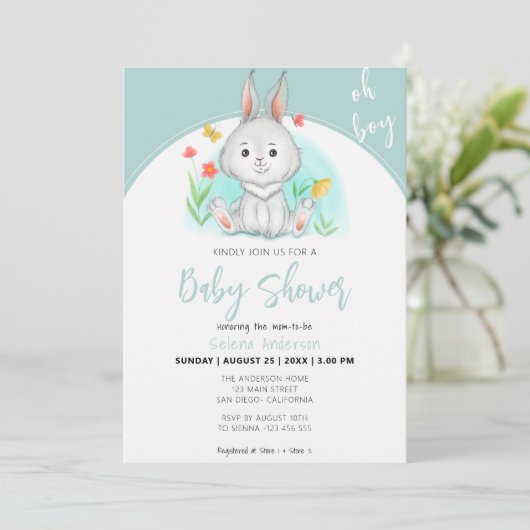 Oh Boy | Bunny Rabbit Baby Shower Einladung (Stehend Vorderseite)