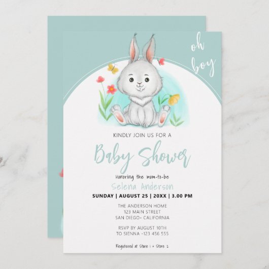 Oh Boy | Bunny Rabbit Baby Shower Einladung (Vorne/Hinten)
