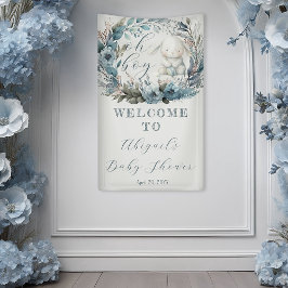 Oh Boy Bunny Rabbit Blue Floral Wreath Baby Dusche Banner