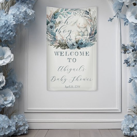 Oh Boy Bunny Rabbit Blue Floral Wreath Baby Dusche Banner