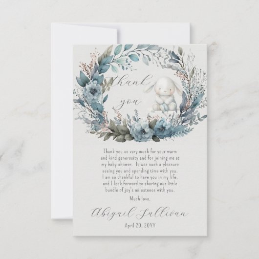 Oh Boy Bunny Rabbit Blue Floral Wreath Baby Dusche Dankeskarte (Vorderseite)