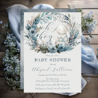 Oh Boy Bunny Rabbit Blue Floral Wreath Baby Dusche