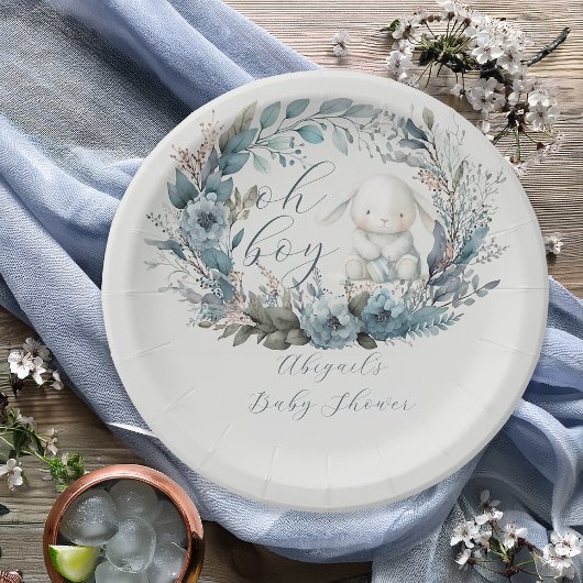 Oh Boy Bunny Rabbit Blue Floral Wreath Baby Dusche Pappteller
