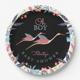 Oh Boy | Chic Floral Botanical Stork Baby Shower Pappteller