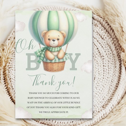 Oh Boy, Cute Green Bear Baby shower boy Dankeskarte