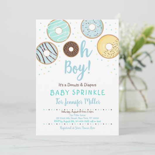 Oh Boy Donuts & Diapers Blue Baby Sprinkle Einladung (Stehend Vorderseite)
