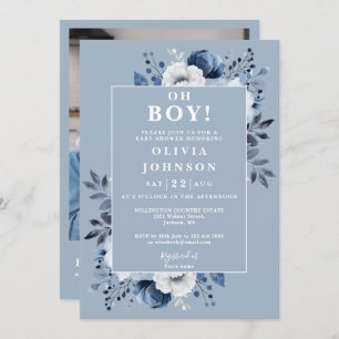 Oh Boy Dusty Blue Floral Foto QR Baby Dusche Einladung