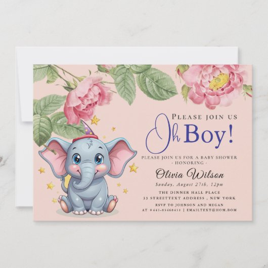 Oh Boy Elephant Baby Shower Invitation Einladung (Vorderseite)