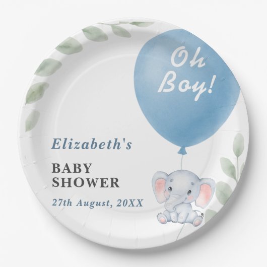 Oh Boy Elephant Balloon Eucalyptus Baby Shower Pappteller (Vorderseite)