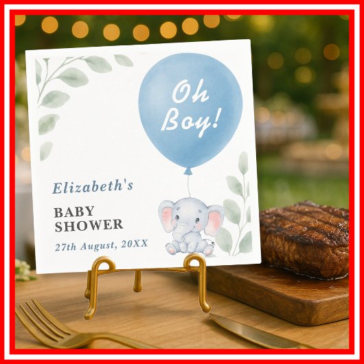 Oh Boy Elephant Balloon Eucalyptus Baby Shower Serviette