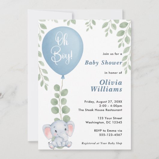 Oh Boy Elephant Eucalyptus Balloon Baby Dusche Einladung (Vorderseite)