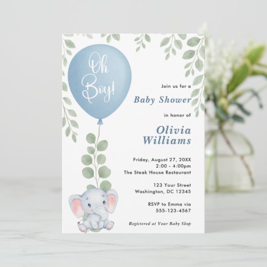 Oh Boy Elephant Eucalyptus Balloon Baby Dusche Einladung (Stehend Vorderseite)