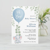 Oh Boy Elephant Eucalyptus Blue Balloon FOTO Einladung (Stehend Vorderseite)