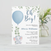 Oh Boy Elephant Eucalyptus Blue Balloon FOTO Einladung (Stehend Vorderseite)