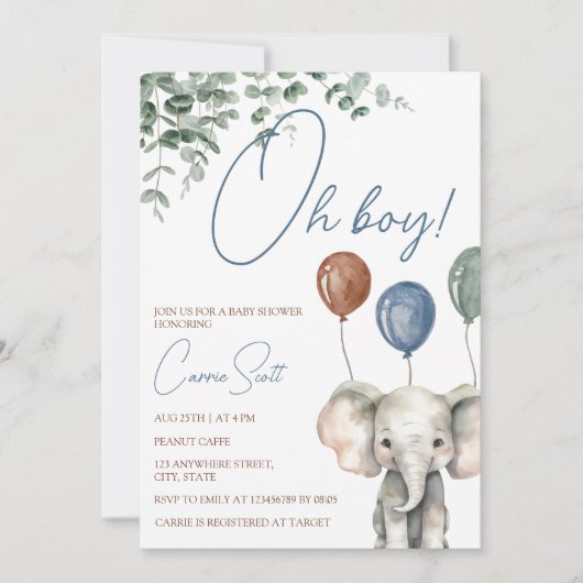 Oh Boy Elephant Kleine Peanut Babydusche Einladung (Vorderseite)