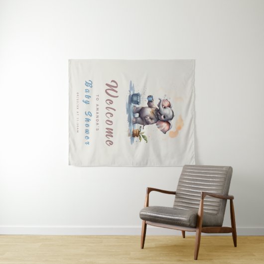 Oh Boy Elephant Rustic Gold Blue Baby Dusche Wandteppich (Beispiel (Horizontal))
