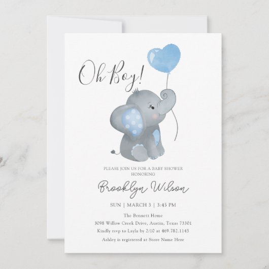 Oh Boy Elephant Watercolor Babydusche Einladung (Vorderseite)