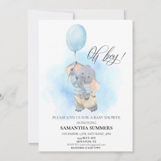 Oh Boy Elephant Watercolor Balloon Blue Einladung (Vorderseite)