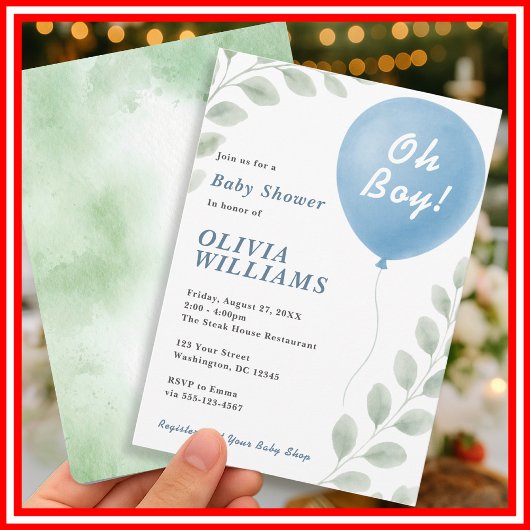 Oh Boy Eucalyptus Balloon Greenerenery Baby Shower Einladung