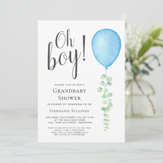 Oh Boy Eucalyptus Blue Ballon Grandma Baby Dusche Einladung (Stehend Vorderseite)