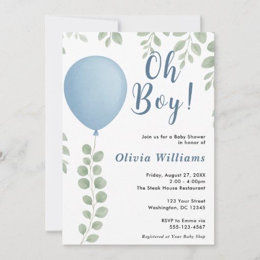 Oh Boy Eucalyptus Greenery Balloon Baby Shower Einladung (Vorderseite)