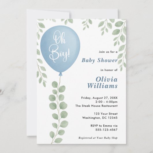 Oh Boy Eucalyptus Greenery PHOTO Baby Shower Einladung (Vorderseite)