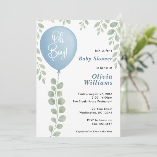 Oh Boy Eucalyptus Greenery PHOTO Baby Shower Einladung (Stehend Vorderseite)