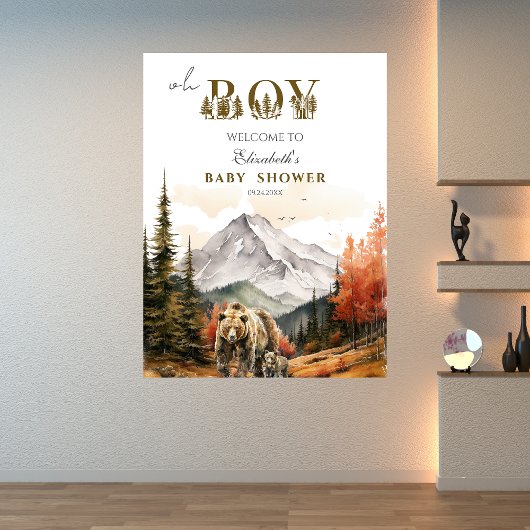 Oh Boy Fall Woodland Bear Mountain Baby Dusche Poster