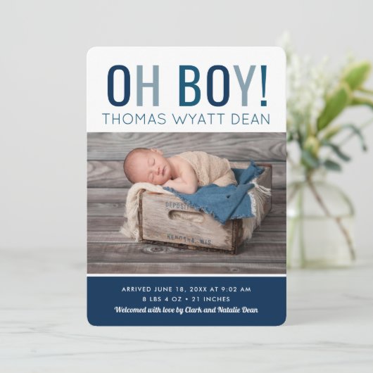 Oh, Boy Foto Geburtsankündigung Ankündigung (Stehend Vorderseite)