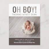 Oh, Boy Foto Geburtsankündigung Ankündigungspostkarte (Vorderseite)