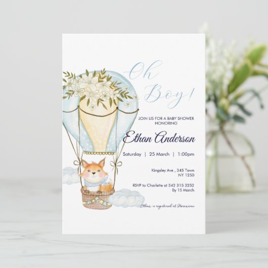 Oh Boy Fox Hot Air Ballon Babydusche Einladung (Stehend Vorderseite)