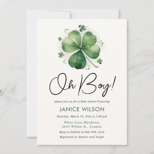 Oh Boy Green Kleeblatt St Patricks Day Baby Shower Einladung (Vorderseite)