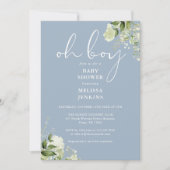 Oh Boy Greenery Dusty Blue Baby Dusche Einladung (Vorderseite)