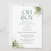 Oh Boy Greenery Dusty Blue Foto Babydusche Einladung (Vorderseite)