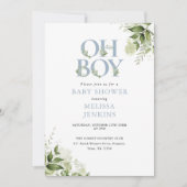 Oh Boy Greenery Dusty Blue QR Code Babydusche Einladung (Vorderseite)