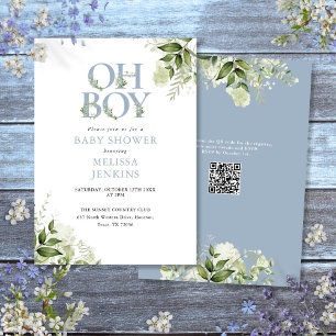 Oh Boy Greenery Dusty Blue QR Code Babydusche Einladung
