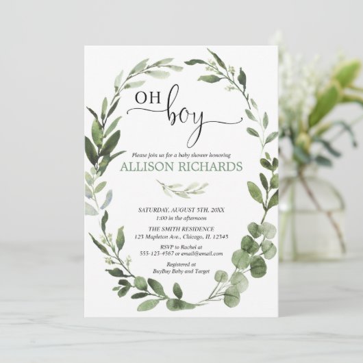Oh Boy Greenery eucalyptus foliage Babydusche Einladung (Stehend Vorderseite)