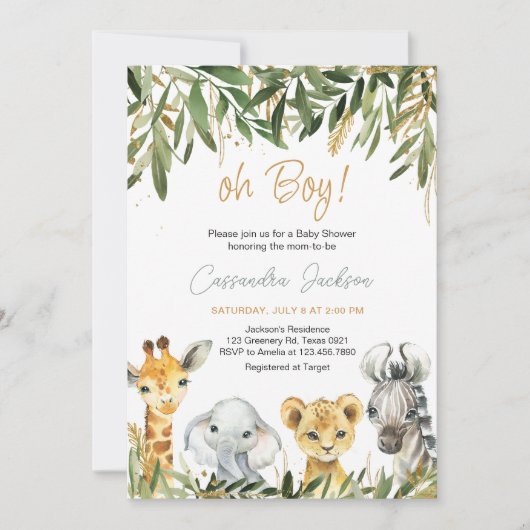 Oh Boy Greenery Safari Baby Shower Einladung (Vorderseite)