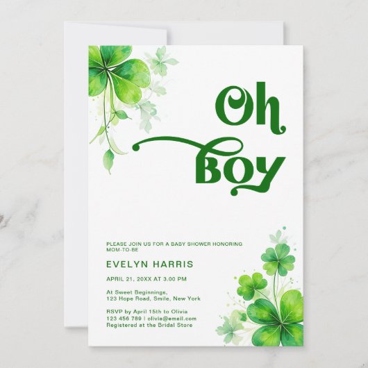 Oh Boy Greenery St. Patrick's Day Baby Shower Einladung (Vorderseite)