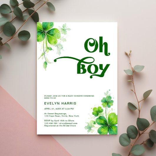 Oh Boy Greenery St. Patrick's Day Baby Shower Einladung