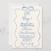 Oh Boy Hand Drawn schrieb Blue Boy Bow Baby Shower Einladung (Vorderseite)