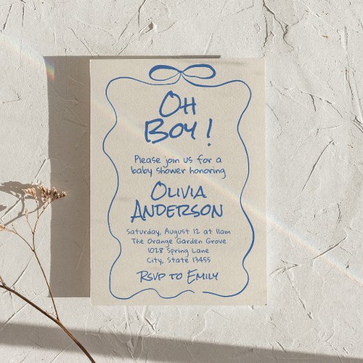 Oh Boy Hand Drawn schrieb Blue Boy Bow Baby Shower Einladung