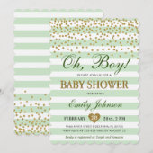 Oh Boy Light Green Khaki Gold Confetti Baby Dusche Einladung (Vorne/Hinten)