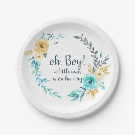 oh Boy Little Man Baby Shower Blue Gray Wreath Pappteller (Vorderseite)