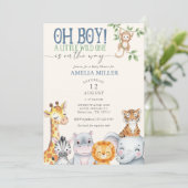 Oh Boy Little Wild One Safari Animals Baby Shower Einladung (Stehend Vorderseite)