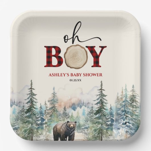 Oh Boy Lumberjack Wald Bear Baby Dusche Pappteller (Vorderseite)